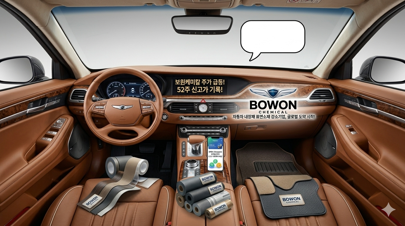 자동차 실내 인테리어를 정면에서 바라본 모습으로, 보원케미칼(BOWON CHEMICAL)의 고급 카라멜 브라운 나파 가죽 시트와 대시보드가 적용된 이미지. 중앙 디스플레이에는 '보원케미칼 주가 급등! 52주 신고가 기록!'이라는 한글 문구와 상승하는 주가 그래프가 선명하게 표시되어 있다. 운전석과 조수석 시트 위에는 보원케미칼이 생산하는 차량용 내장재 표면소재와 바닥재 롤(Roll) 샘플들이 놓여 있어 기술력을 강조하며, 하단 매트에는 'BOWON CHEMICAL' 로고와 함께 '자동차 내장재 표면소재 강소기업, 글로벌 도약 시작!'이라는 문구가 적혀 있다.