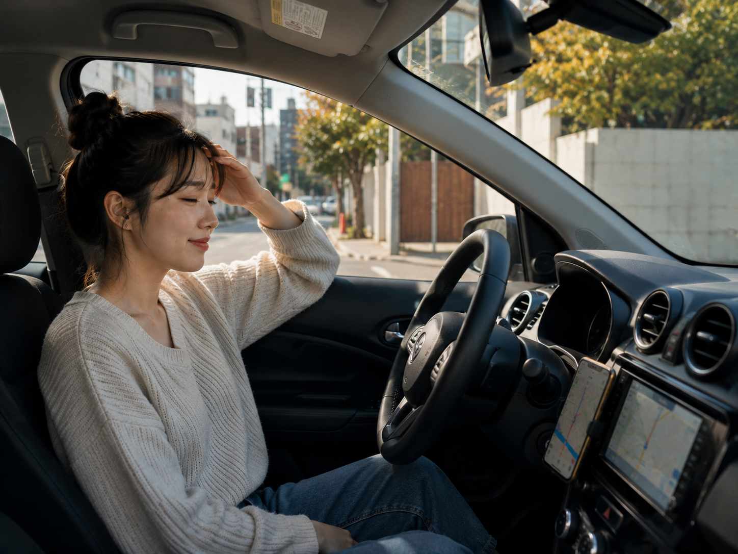 운전을 마친 뒤 안도한 표정으로 차량 안에 앉아 있는 초보 여성 운전자와 햇빛이 비치는 도심 배경