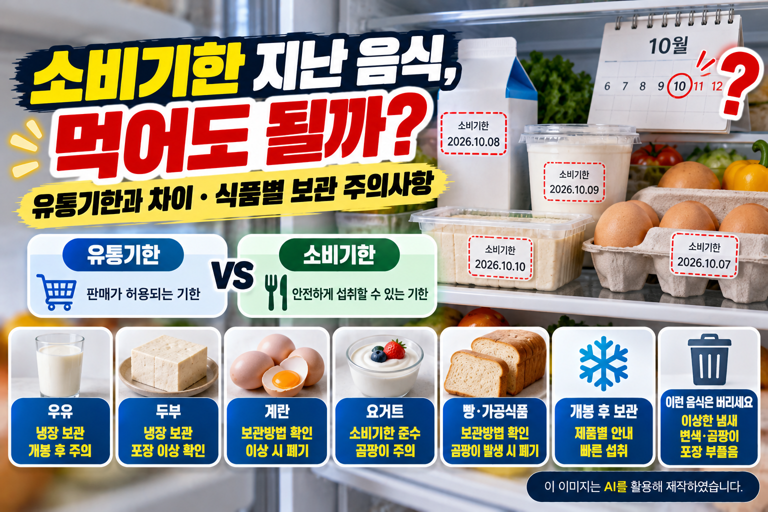 소비기한 지난 음식을 먹어도 되는지, 유통기한과 소비기한의 차이, 우유·두부·계란·요거트·빵 등 식품별 보관 주의사항과 개봉 후 보관 및 변질된 음식의 폐기 기준을 설명하는 이미지