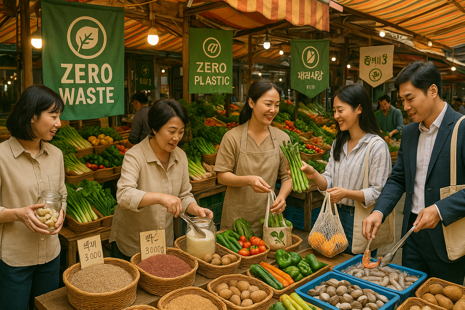 다회용 용기와 장바구니를 이용해 무포장 식재료를 구매하는 사람들이 붐비는 한국 전통시장의 모습. 각 점포에는 제로 웨이스트 실천을 알리는 안내문과 친환경 분위기를 강조하는 현수막이 걸려 있다.