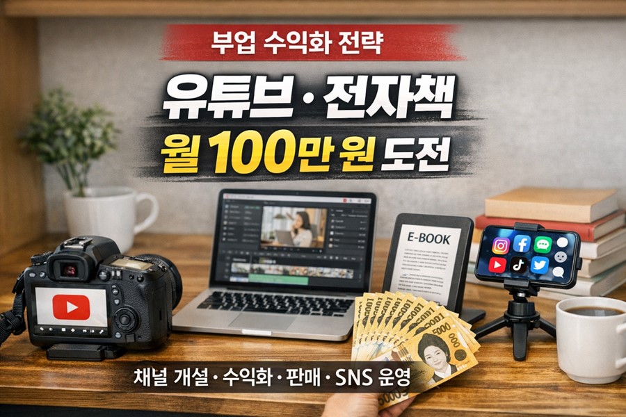유튜브 채널 개설, 구독자 1000명과 시청시간 4000시간 달성, 전자책과 강의 판매, SNS 연계 운영을 통해 월 100만 원 수익 만드는 방법을 설명하는 블로그 이미지