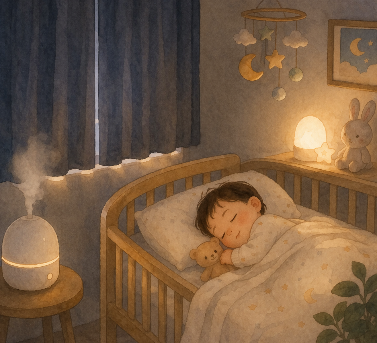 A peaceful baby sleeping in a dark room with blackout curtains and a humidifier nearby, creating a calm and comfortable sleep environment.