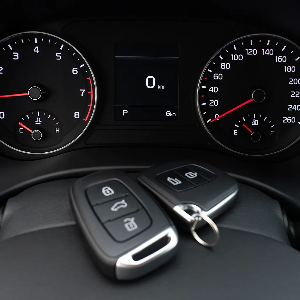 신차 계기판 주행거리와 스마트키 2개가 함께 보이는 장면