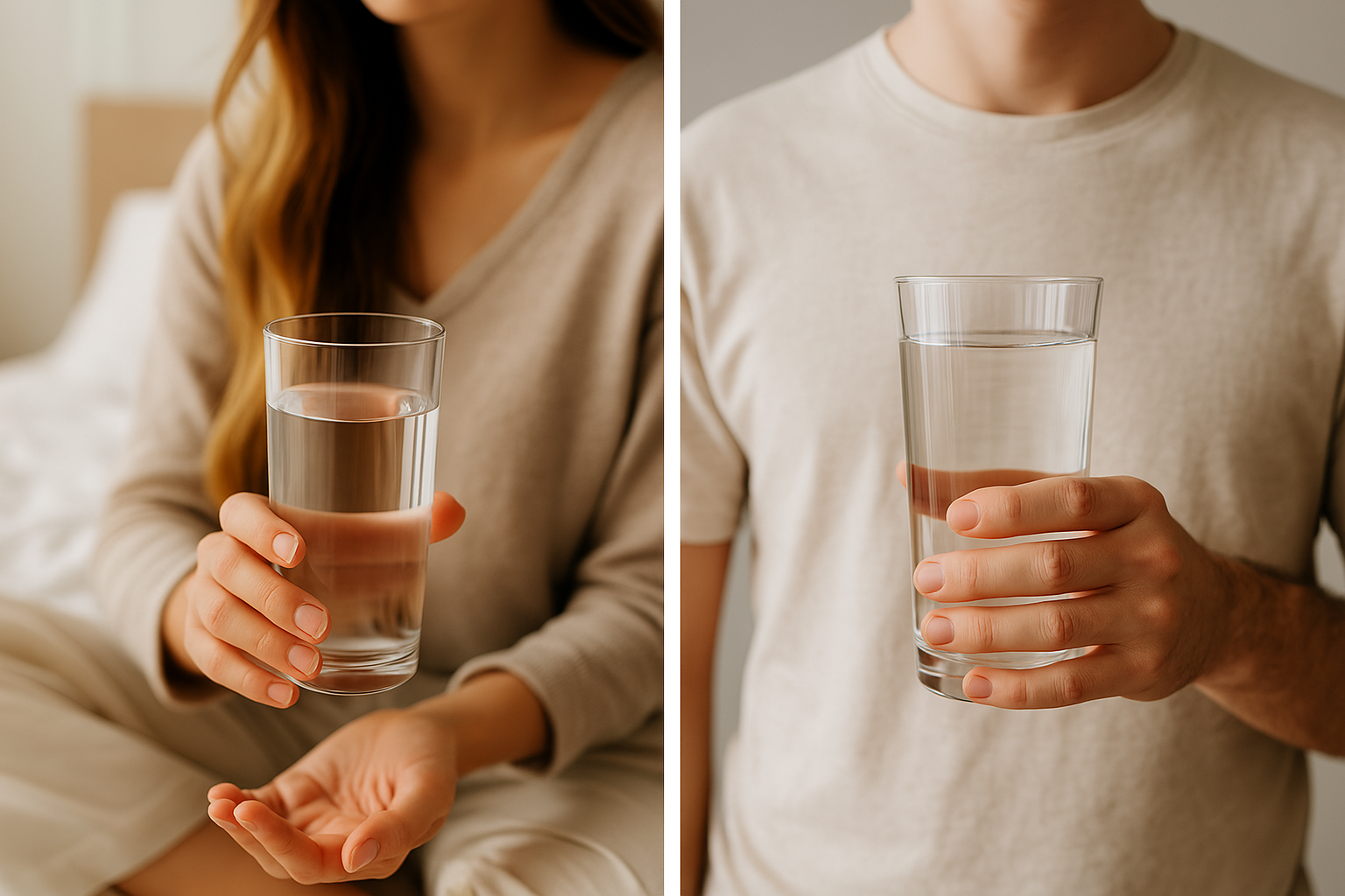 아침 햇살이 들어오는 침실에서 아침 물을 마시는 모습