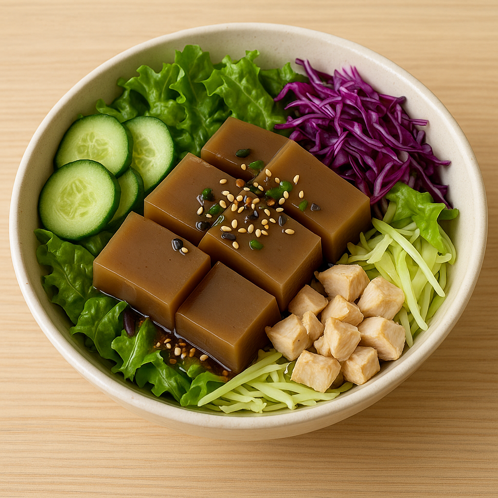 도토리묵과 신선한 채소, 닭가슴살이 함께 담긴 샐러드 볼. 오이, 상추, 양배추가 곁들여져 있고 도토리묵 위에는 통깨가 뿌려져 있는 건강식 한 끼.