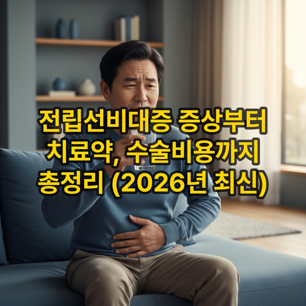 중년 한국 남성이 집 소파에 앉아 전립선비대증 증상에 대해 고민하며 건강을 생각하는 모습