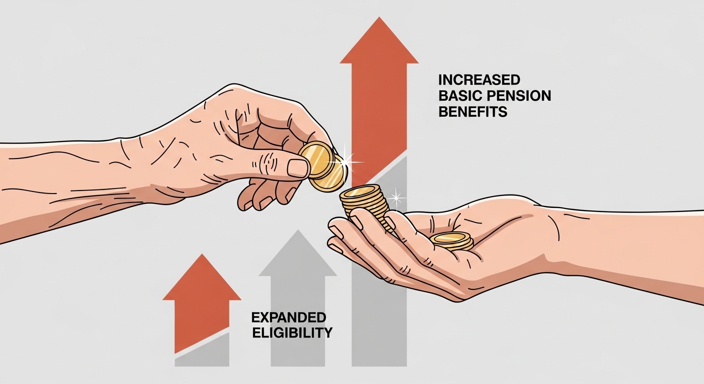 노년층 손과 젊은층 손이 돈을 주고받는 모습으로 기초연금 수급 확대 및 혜택 증가를 나타내는 인포그래픽.