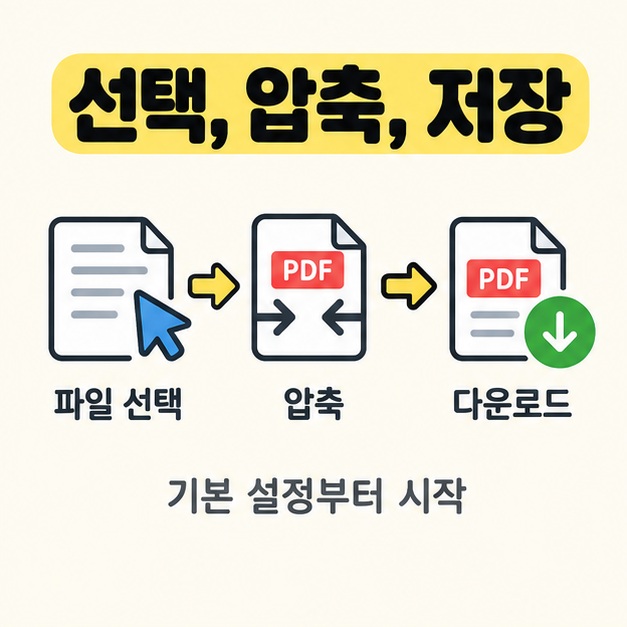 파일 선택, 압축, 다운로드를 문서 그림과 화살표로 연결하고 기본 설정부터 시작하라고 안내하는 그림
