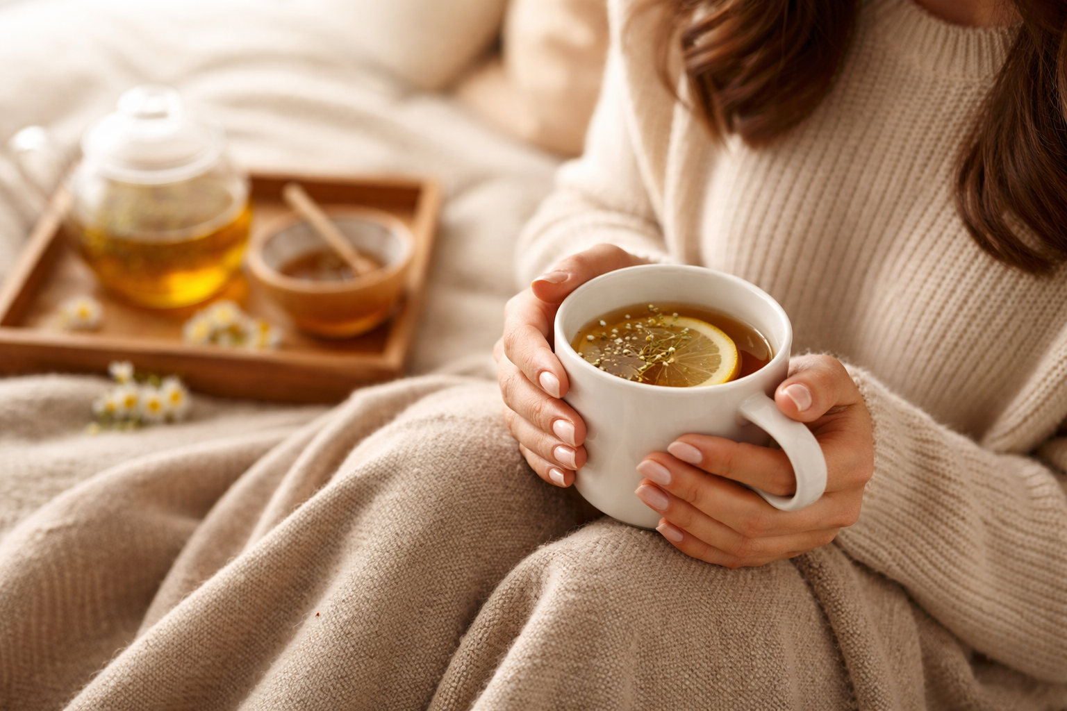 따뜻한 차를 마시며 편안하게 휴식하며 과민성 대장 증후군을 완화하는 모습