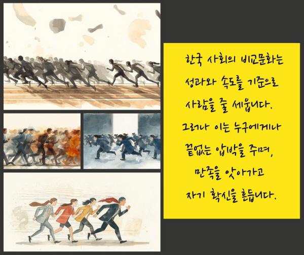 한국 사회의 비교문화는 성과와 속도를 기준으로 사람을 줄 세웁니다에 관한 그림입니다