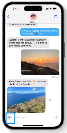 IOS17 메시지 중 좌측하단 +버튼 파란 테두리