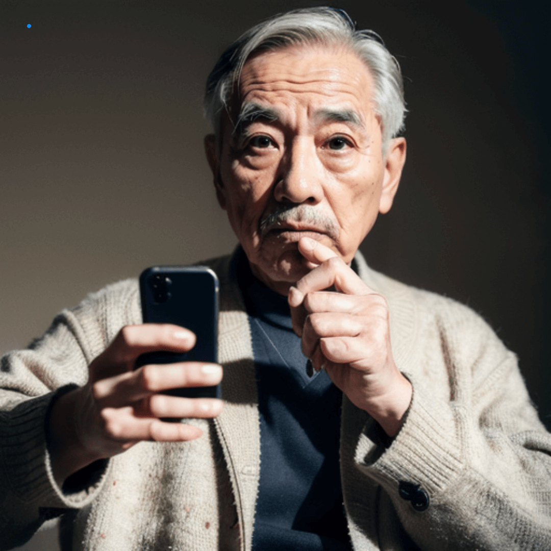 통신사 앱을 확인하며 요금 혜택을 고민하는 고령 남성의 집중된 모습