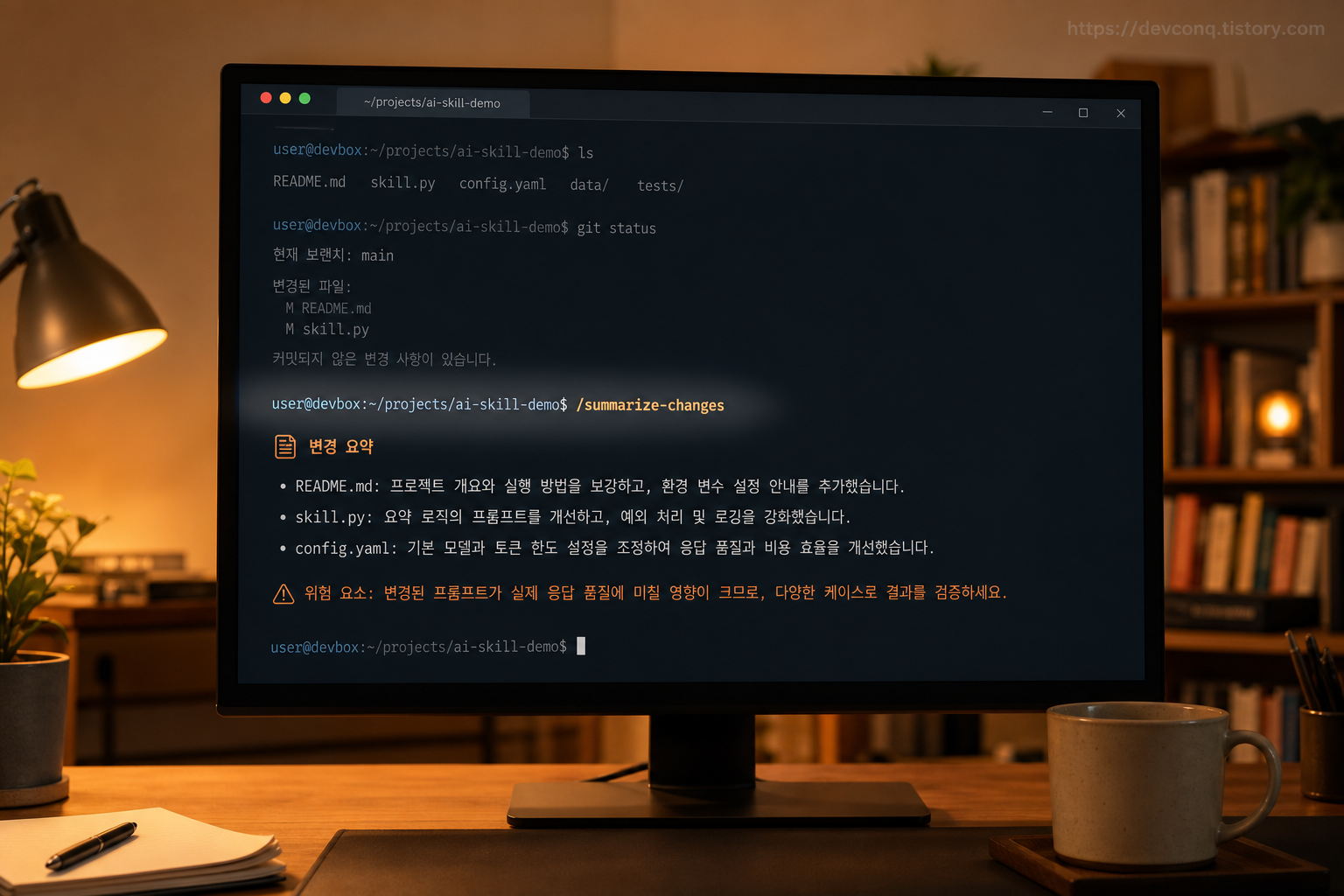 터미널 창에서 /summarize-changes 명령을 실행해 변경 요약이 출력되는 실사형 UI 목업