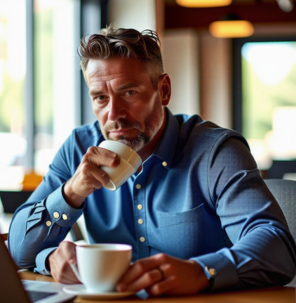 사무실에서 업무를 보며 커피를 마시는 중장년 샐러리맨