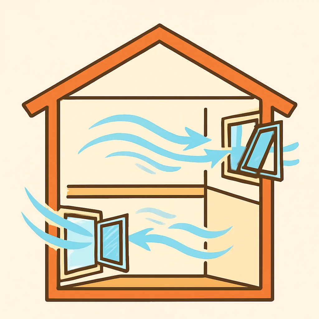 창문을 열어 환기가 잘 되는 집 구조를 보여주는 단면 일러스트. 바람이 들어오고 나가는 방향이 화살표로 표현됨.