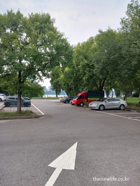 광나루 한강공원의 서울 맨발 걷기 좋은 장소 주차장 모습 – 나무 그늘 아래 넓은 주차 공간