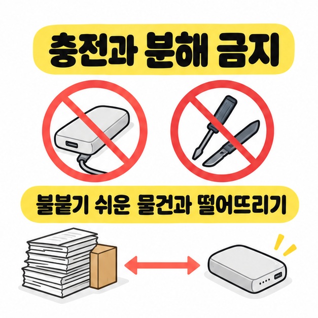 충전과 분해에 금지 표시를 붙이고 보조배터리를 종이와 상자에서 떨어뜨려 두도록 안내하는 그림