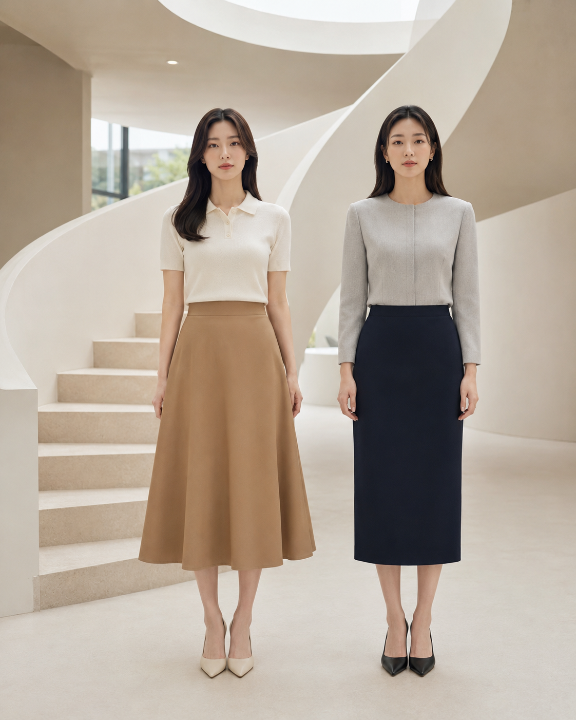 A라인 스커트 vs H라인 스커트 차이에서 형태&middot;비율&middot;활용 포인트의 차이를 비교한 이미지입니다.
