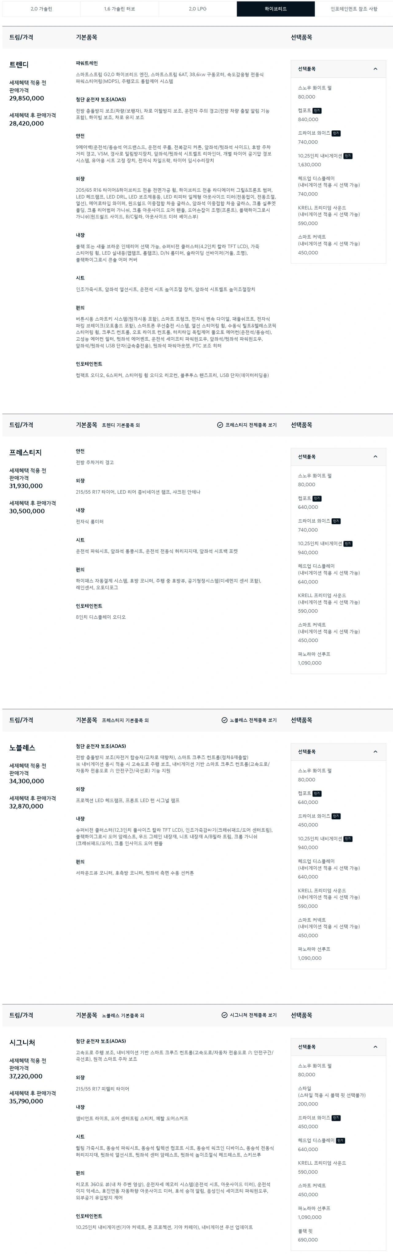 기아 K5 하이브리드 가격표 2023년 8월 1일 기준