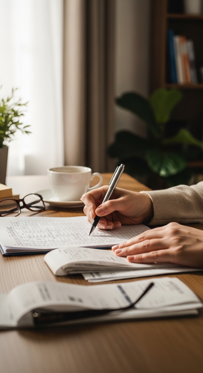 집에서 가계부를 정리하며 지출을 점검하는 차분한 분위기의 사진