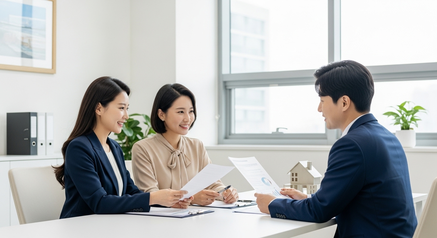 2025년 부동산 규제 변화에 대해 상담하는 30대 한국인 부부와 금융 전문가의 모습