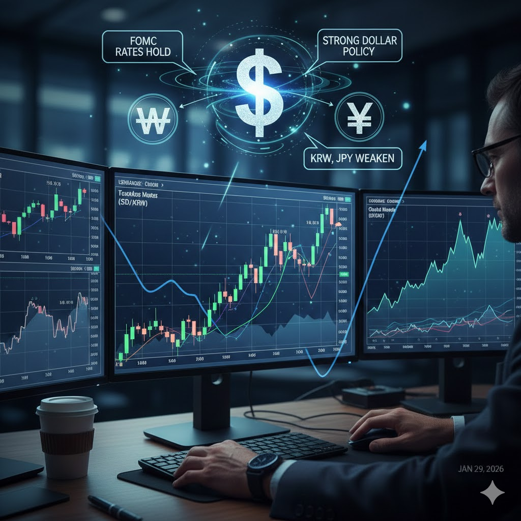 FOMC 금리 동결 이후 달러 강세와 원화&middot;엔화 약세 흐름을 분석하는 금융 차트 대시보드 그래픽