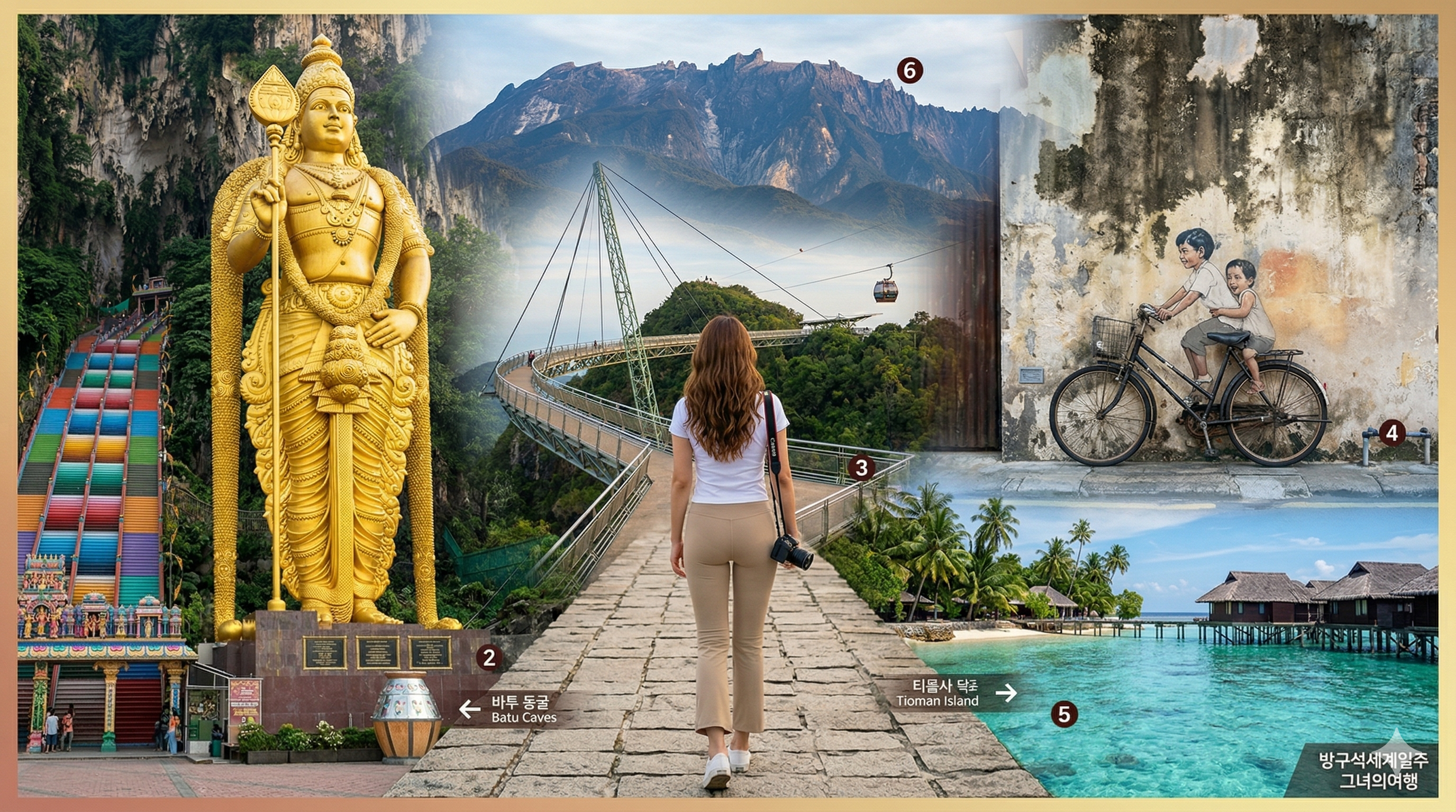 말레이시아의 5개 핵심 여행지가 역동적으로 합성된 파노라마 이미지. 중앙에는 배낭을 메고 카메라를 든 여성 여행자의 전신 뒷모습이 서 있다. 그녀의 뒤편으로 바투 동굴의 거대한 황금 불상(2), 랑카위 스카이브릿지(3), 조지타운 벽화(4), 티오만 섬의 해변(5), 키나발루 산(6)이 교차되듯이 하나의 풍경으로 펼쳐진다. 각 장소에는 한국어와 영문으로 이름이 적혀 있으며, 오른쪽 하단에는 '방구석세계일주 그녀의여행'이라는 문구가 작게 새겨져 있다.