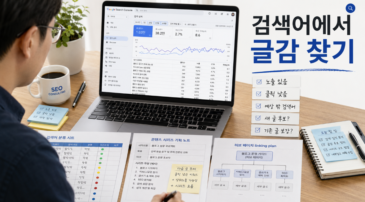 티스토리 블로거가 구글 서치 콘솔 검색어 목록에서 노출 클릭 평균 순위 데이터를 보고 기존 글 보강과 새 글 후보를 분류하는 이미지