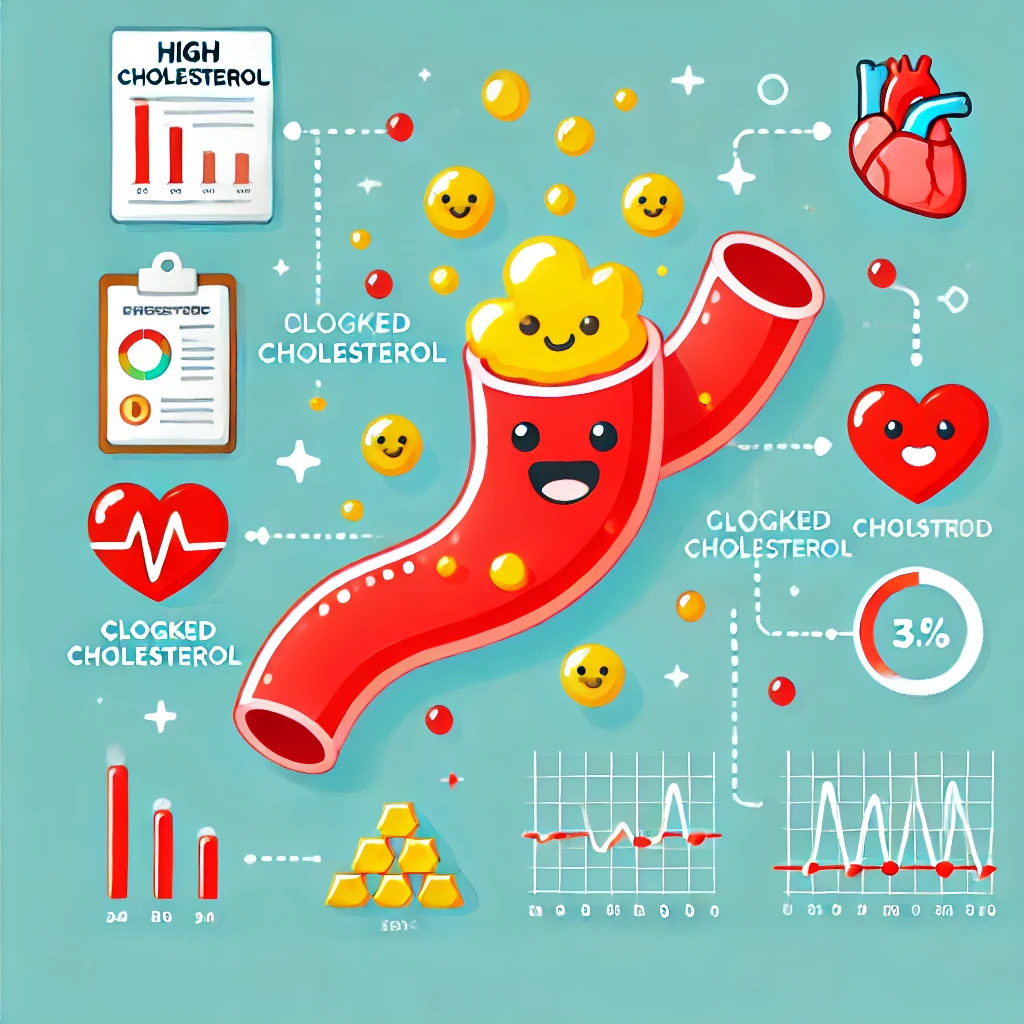 혈관에 콜레스테롤이 많이 있는 고지혈증을 표현한 이미지