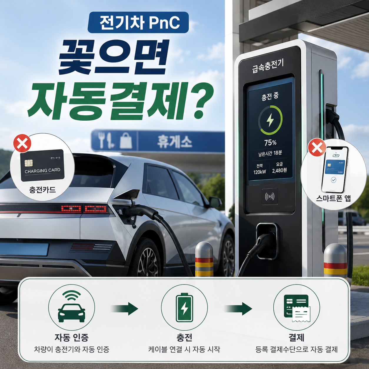 전기차 PnC 자동결제로 충전카드 없이 케이블을 연결하는 모습