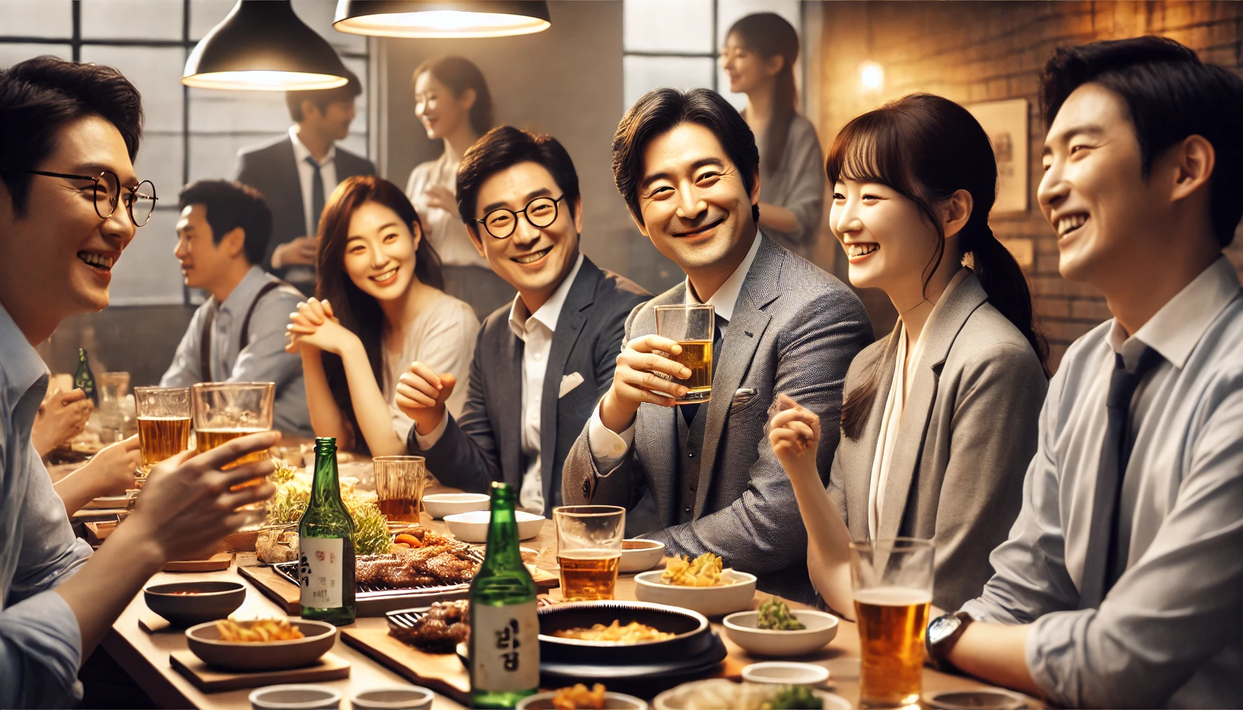 여러명의 직장인들이 식탁에서 술을 마시면서 회식하는 이미지