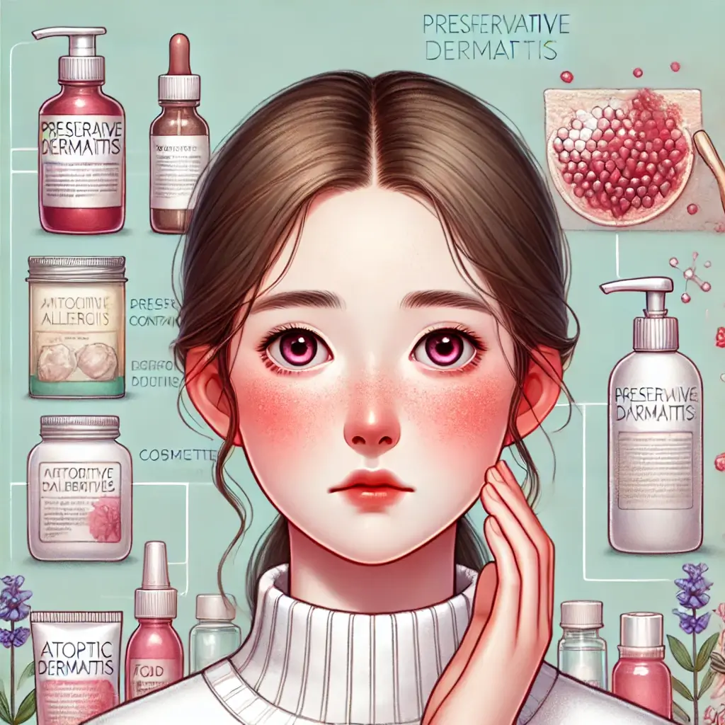 다양한 제품 속의 방부제로 인해 얼굴에 가려움증이 생긴 여성의 모습