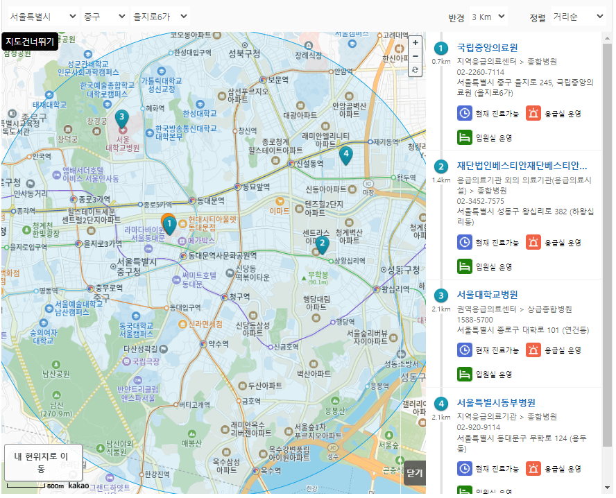 추석 응급실 진료 병원 찾기와 관련하여 E-gen 사이트에서 응급실 검색중인 화면