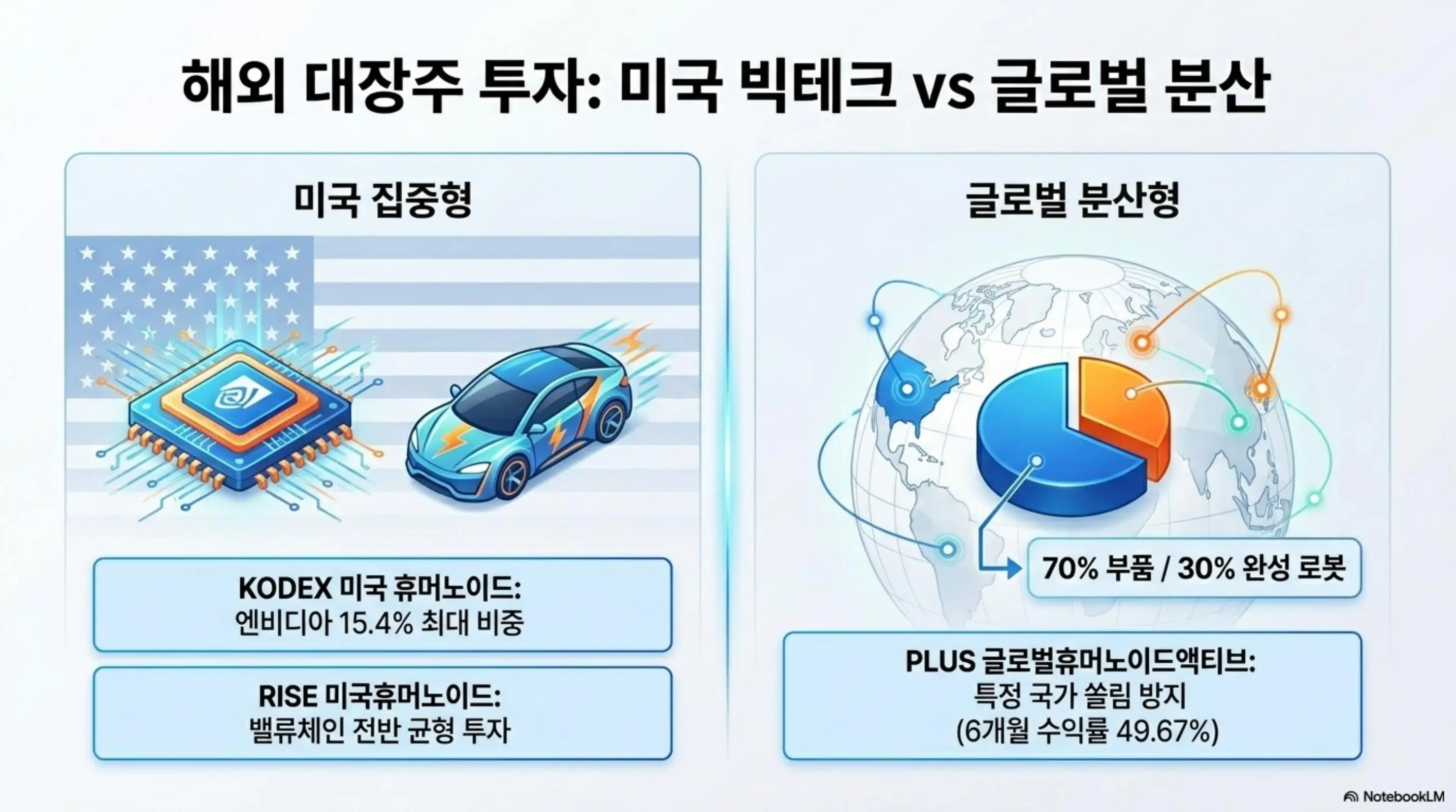 AI 로봇 ETF 비교: 미국 집중형 로봇 ETF인 KODEX 미국휴머노이드와 RISE 미국휴머노이드 그리고 글로벌 분산형인 PLUS 글로벌휴머노이드로봇액티브의 투자 전략 차이를 비교한 인포그래픽으로 엔비디아 15.4% 최대 비중과 부품 70% 완성 로봇 30% 구조를 시각적으로 전달하는 이미지