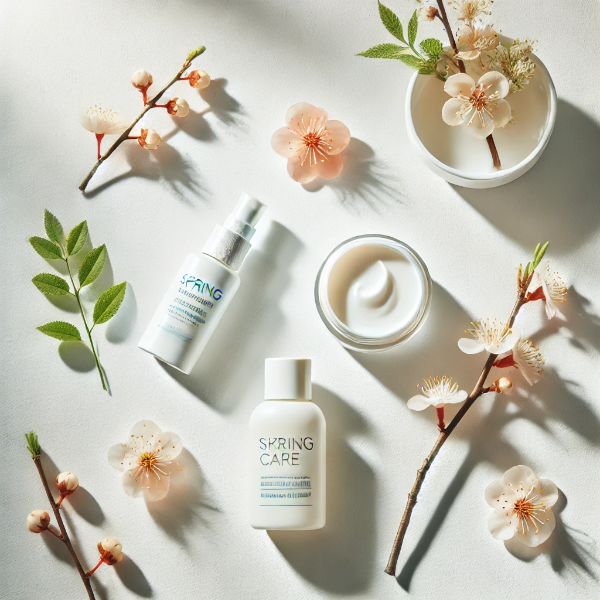 자외선 차단제, 수딩젤, 봄꽃이 놓인 깔끔한 스튜디오컷