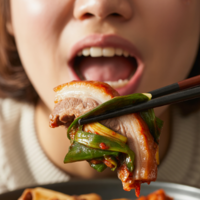 보쌈 고기 한 점을 파김치에 찍어 입으로 가져가는 순간 클로즈업