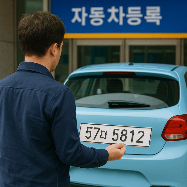 신차 등록 절차를 마친 운전자가 자동차 번호판을 들고 있는 장면