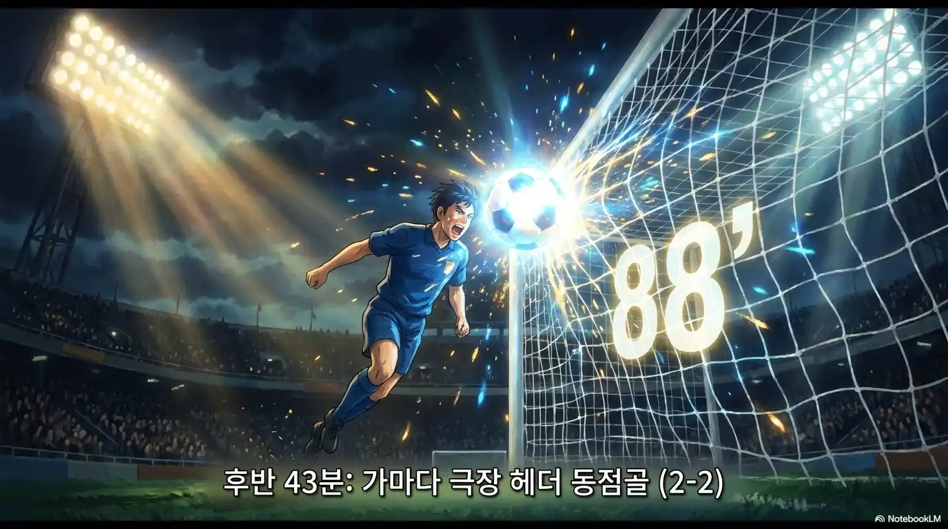 후반 43분 88분 가마다 극장 헤더 동점골 최종 스코어 2대2