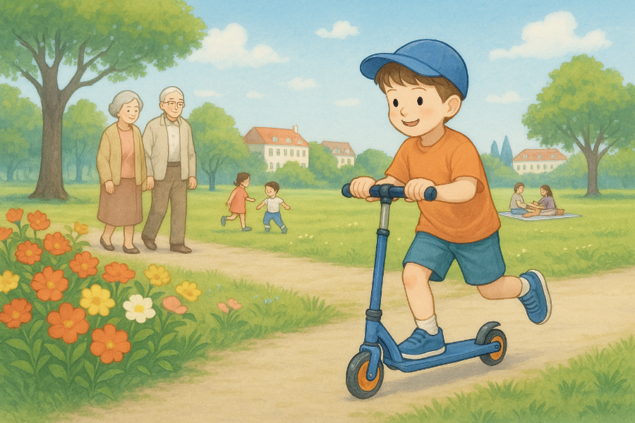 공원에서 주니어 킥보드를 타는 아이 _ 이미지