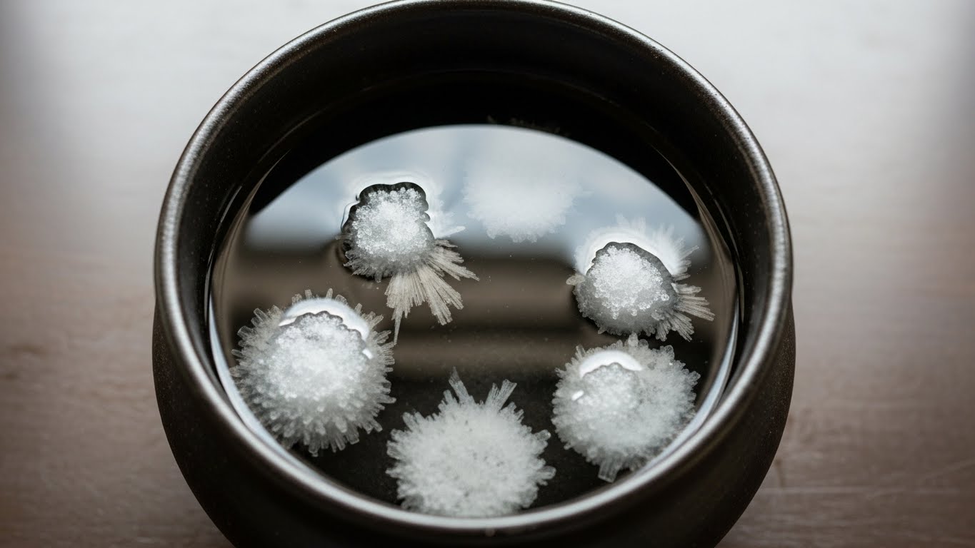 맑은-물과-거친-소금이-녹아-있는-냄비를-위에서-촬영-했습니다.