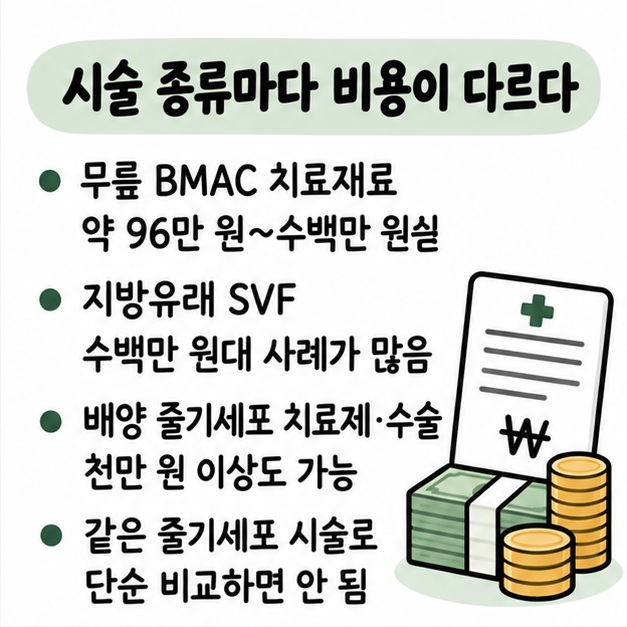 무릎 BMAC과 지방유래 SVF, 배양 줄기세포 치료제·수술의 비용 구조가 서로 다름을 비교한 카드