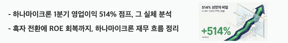 하나마이크론 주가 전망: '하나마이크론 1분기 영업이익 514% 점프, 그 실체 분석'이라는 문구가 포함된 웹배너 이미지. 이 이미지는 하나마이크론의 1분기 실적과 3년 재무 흐름을 시각적으로 전달하며, 블로그의 하나마이크론 실적과 관련된 내용을 설명함
