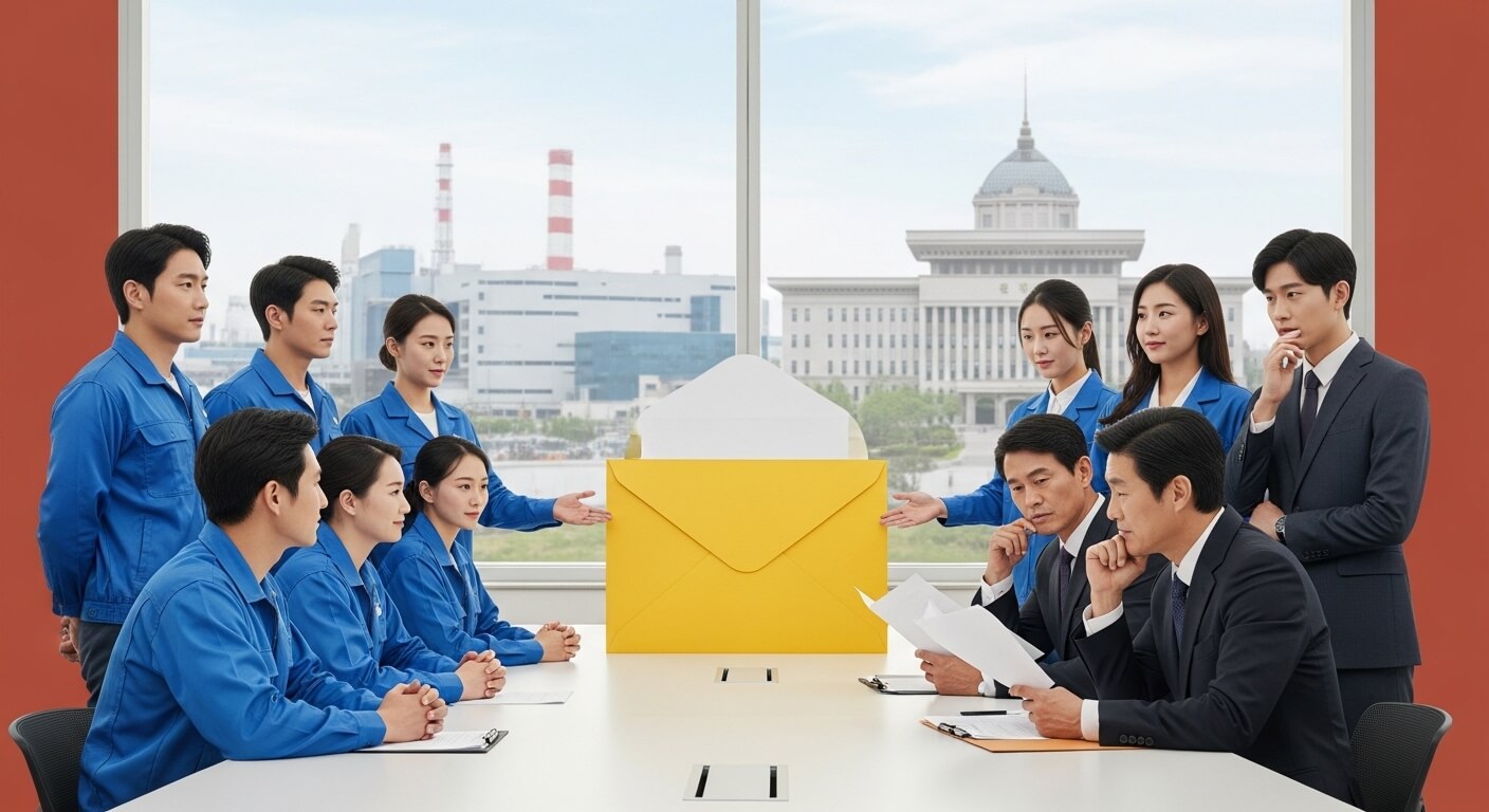 탁자위에 큰 노란봉투가 있고 작업복을입은 젊은이들과 양복을 입은 남자들이 서로 바라보며 앉아있다