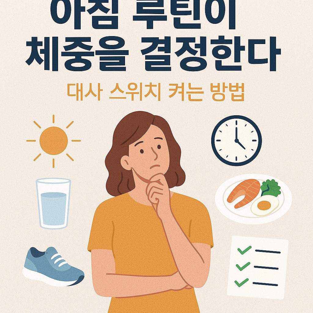 아침 루틴으로 체중을 조절하는 중년 여성을 중심으로 물, 햇빛, 아침식사, 스트레칭 아이콘이 배치된 인포그래픽 스타일 일러스트