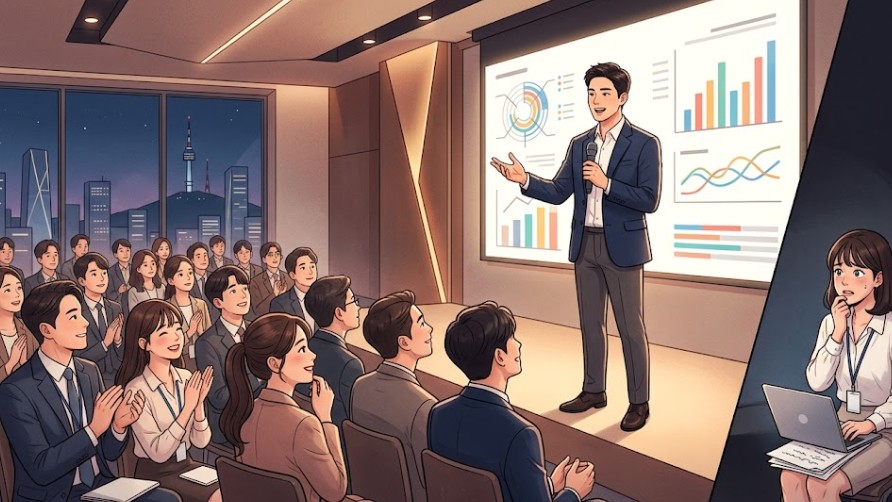 에이스 직원의 발표를 청중들이 집중하면서 보고 있는 한편, 다음 발표 차례인 다른 직원이 걱정스런 표정으로 발표를 지켜보고 있는 모습