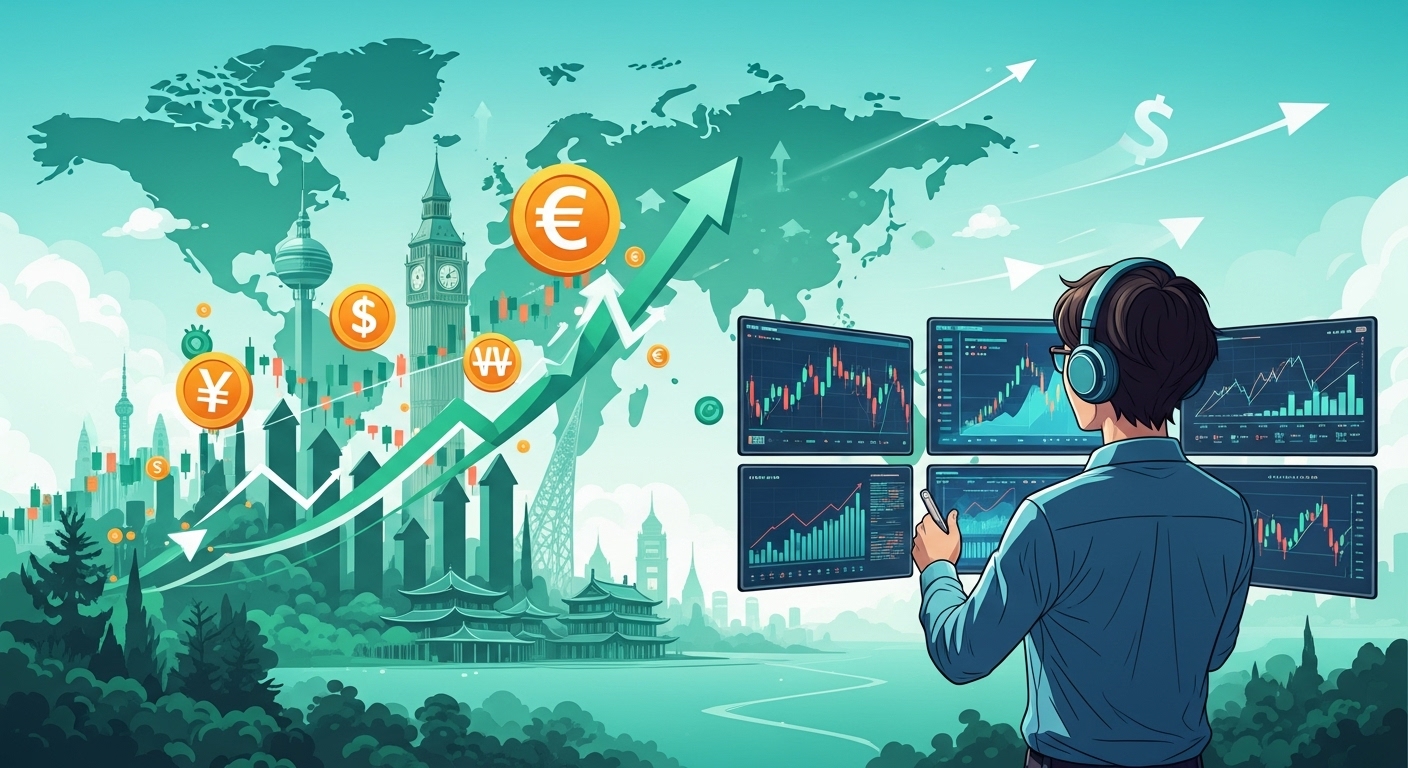 2025๋
 ํด์ธ ์ฃผ์ ์ด๋ณด ํฌ์์๊ฐ ํ์จ ๋ณ๋ ์์์ ๋
ธํธ๋ถ๊ณผ ๊ทธ๋ํ๋ฅผ ๋ณด๋ฉฐ ์์ต๋ฅ ์ ๊ทน๋ํํ๋ ๋ชจ์ต์ ๊ทธ๋ฆฐ ๋ฐ๊ณ  ํฌ๋ง์ฐฌ ์ผ๋ฌ์คํธ