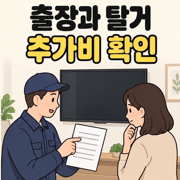 출장과 탈거 추가비 확인이라는 문구 아래 벽걸이 TV 앞에서 수리 담당자와 여성이 서류를 함께 보며 상담하는 그림