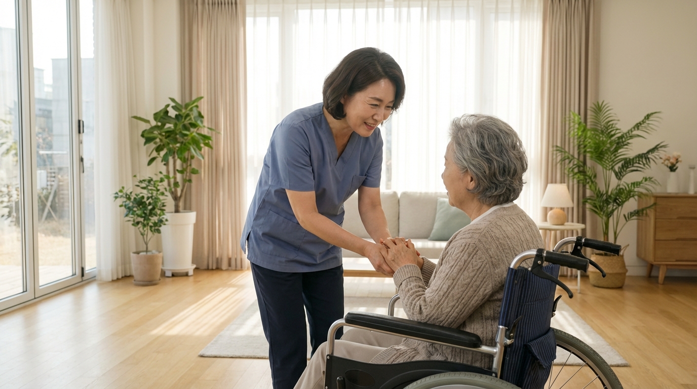 거실에서 인사하는 요양보호사와 어르신