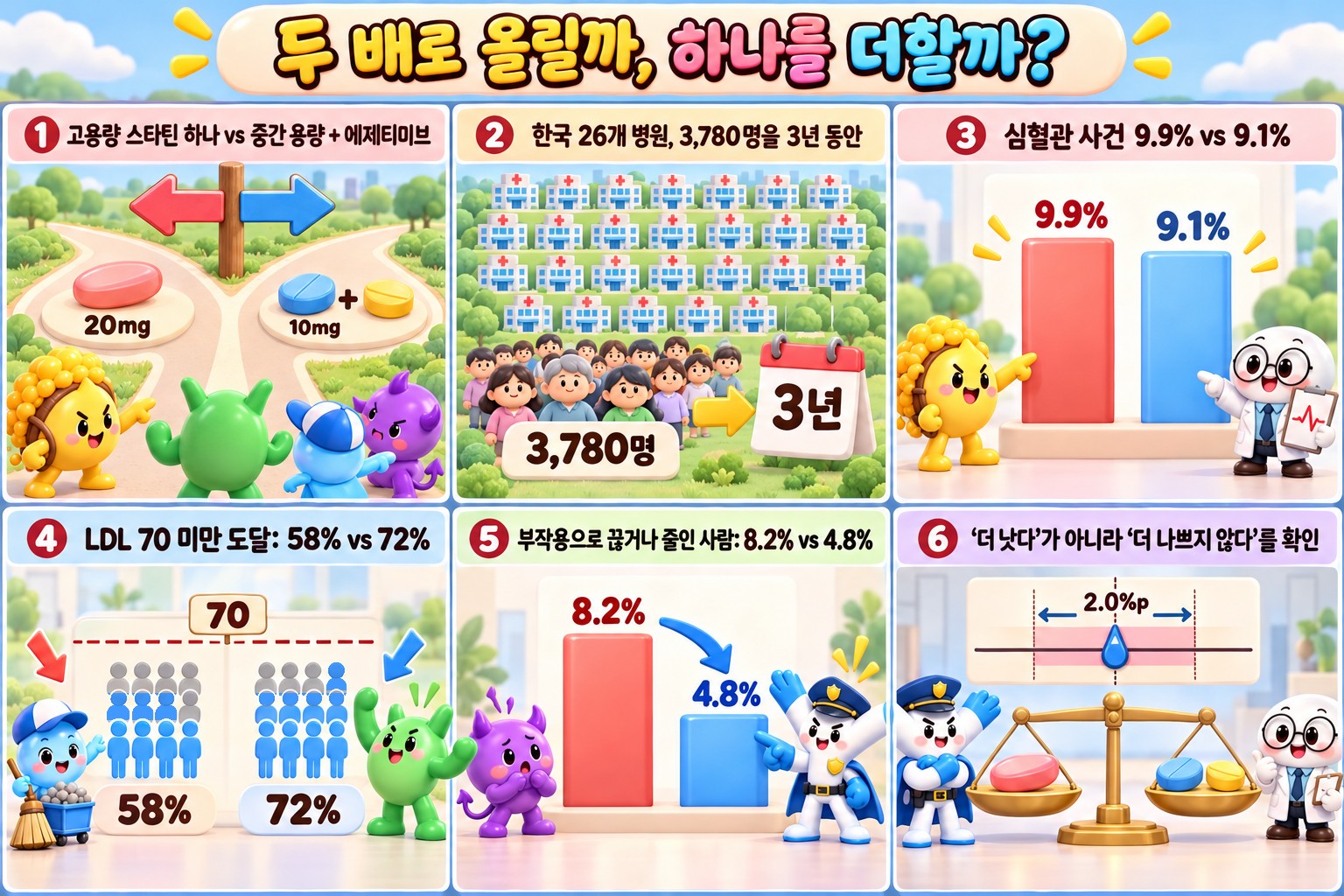 고용량 스타틴과 중간 용량 스타틴+에제티미브를 비교한 RACING 연구를 6칸으로 그린 설명 만화