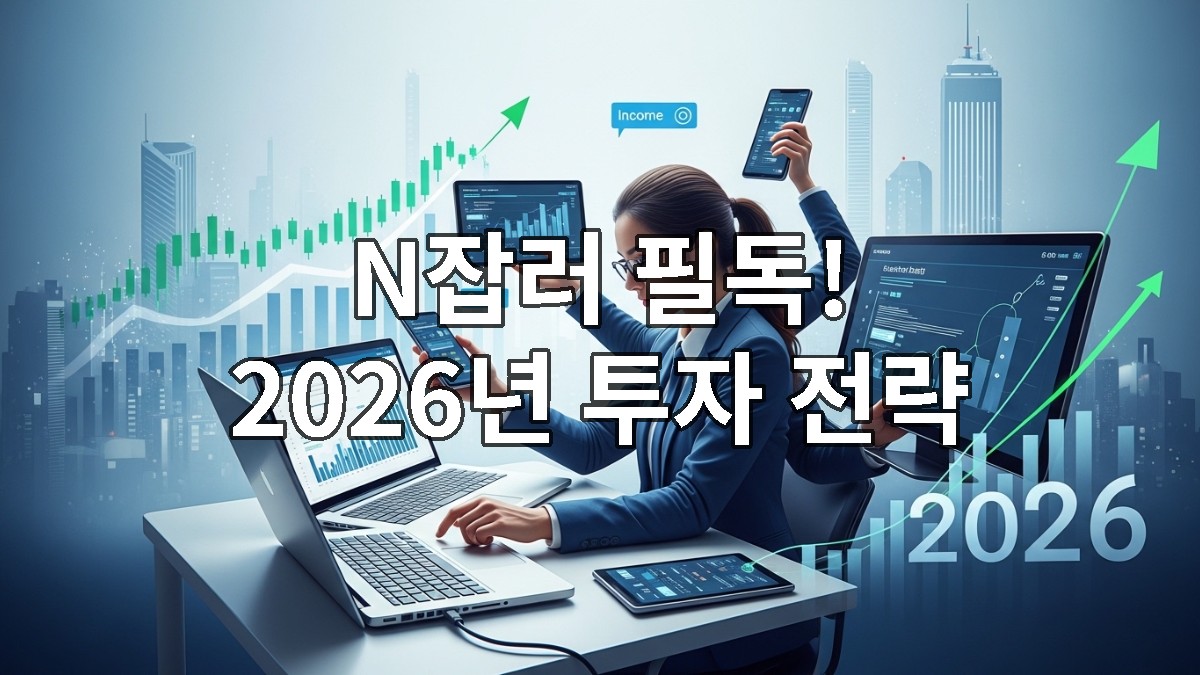 2026년 N잡러를 위한 투자 전략을 상징하는, 다양한 금융 그래프와 디지털 기기를 활용하는 현대인의 모습.